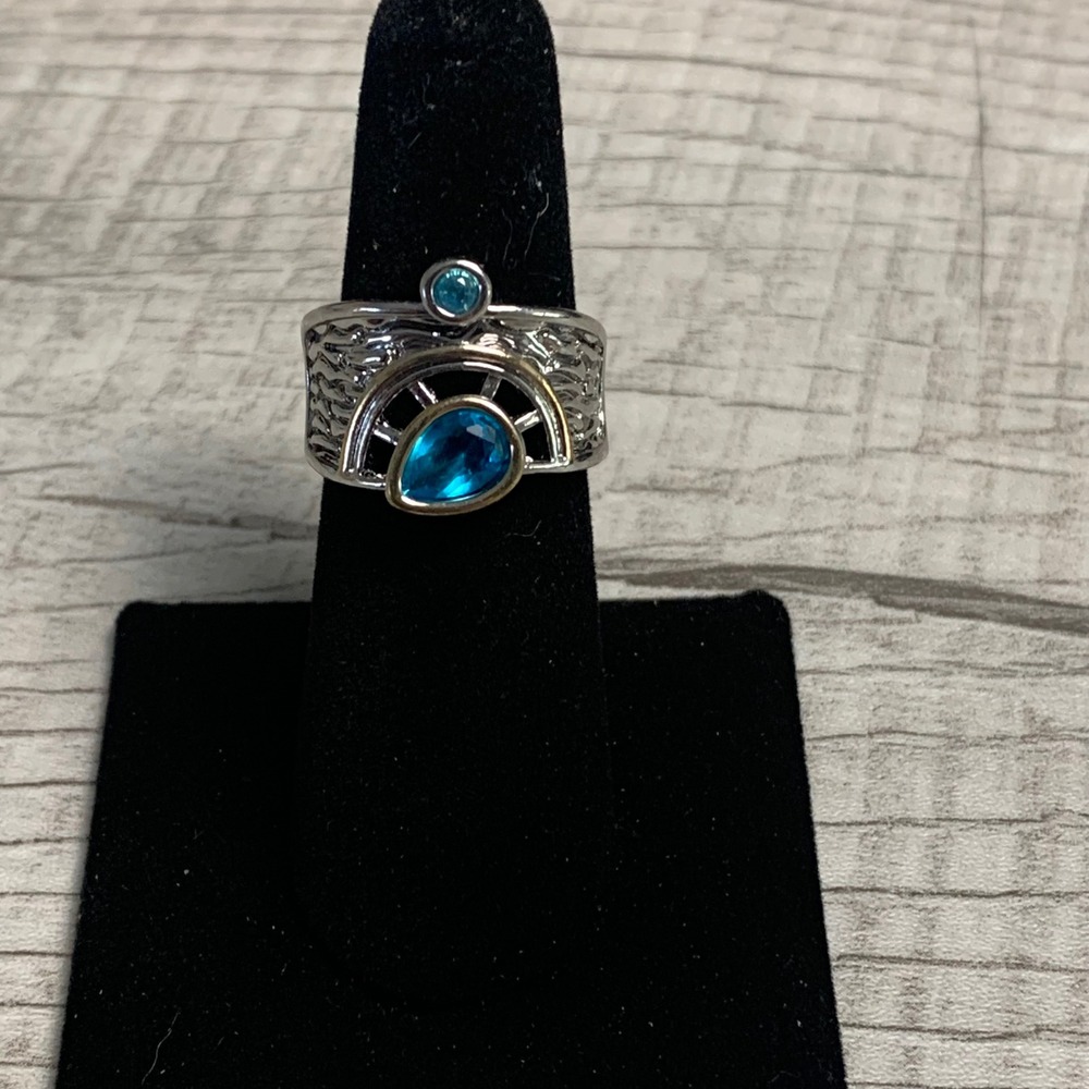 Blue Pear Stone Textured Wide Band Ring Silver Gold Tone Statement Size 7.5